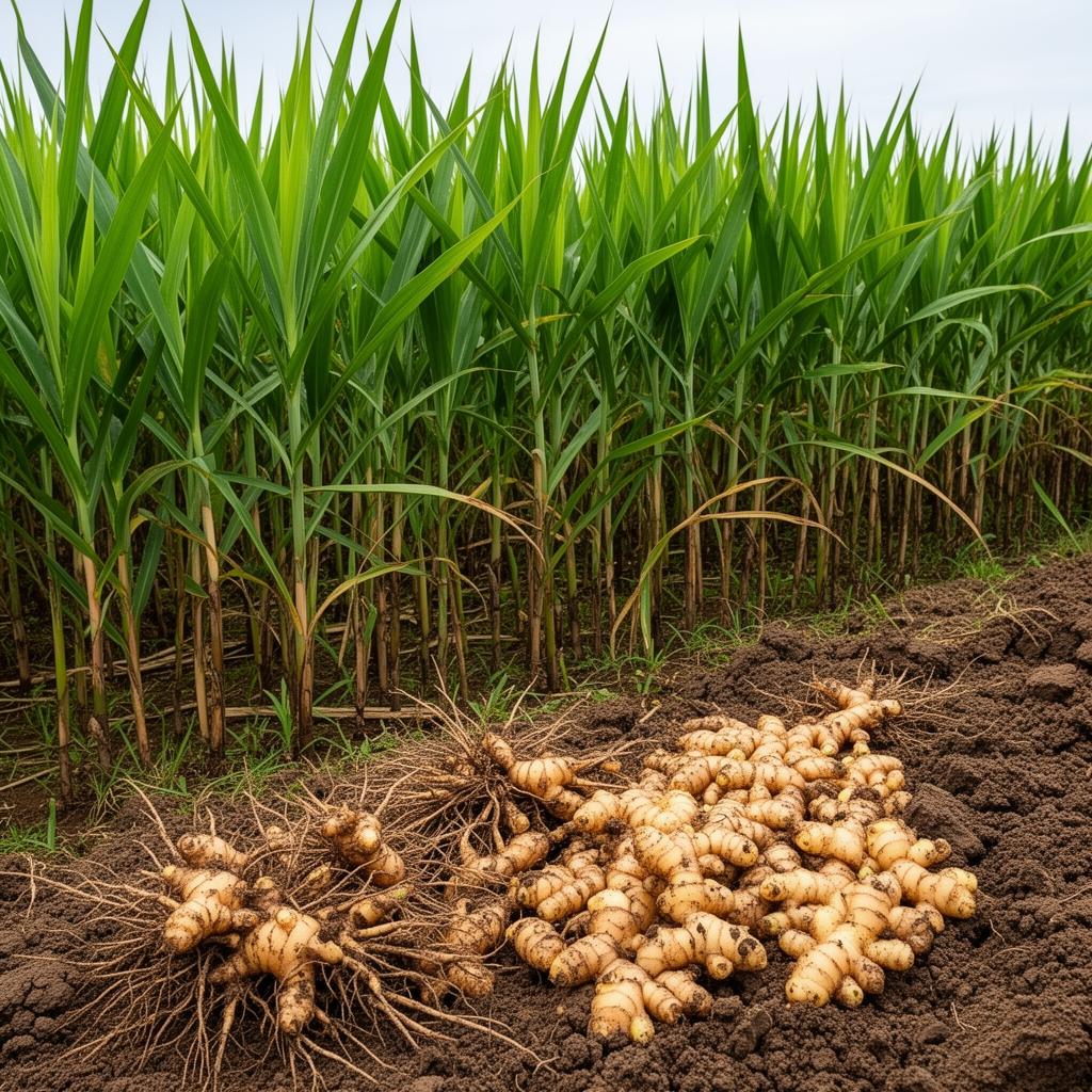 Ginger plantation field with rows of ginger plants