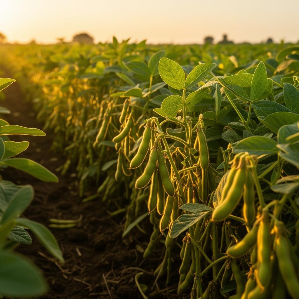 Soya beans plantation with neat rows of green plants